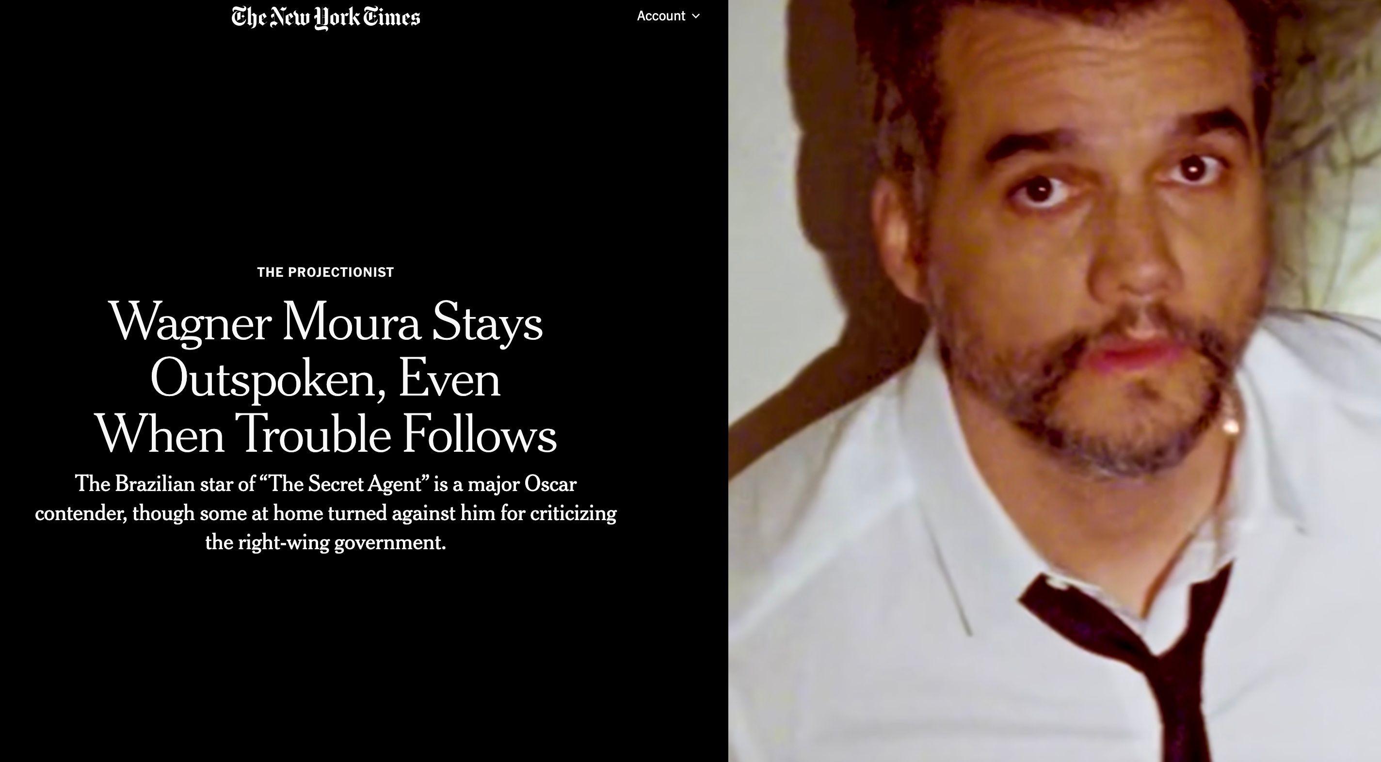 Capa de reportagem do site New York Times sobre Wagner Moura, com foto do ator