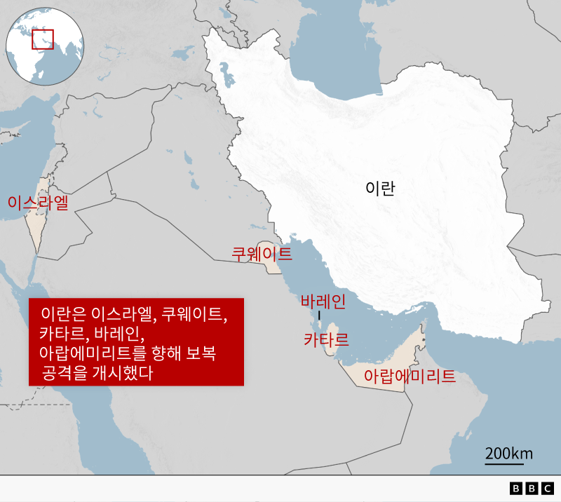 이란, 이스라엘, 쿠웨이트, 바레인, 카타르, 아랍에미리트의 위치를 보여주는 지도