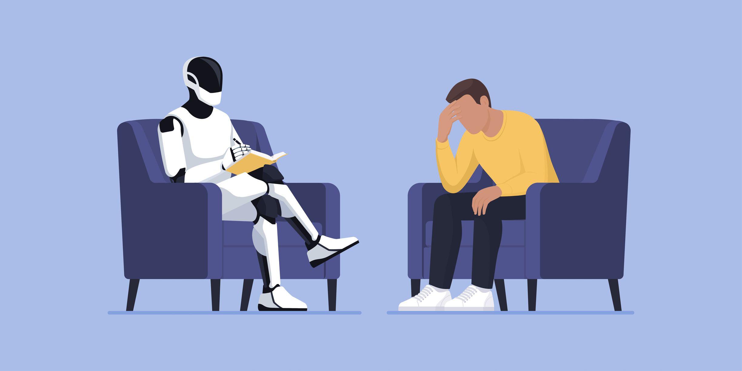 Ilustración de un terapeuta artificial en sesión con un paciente