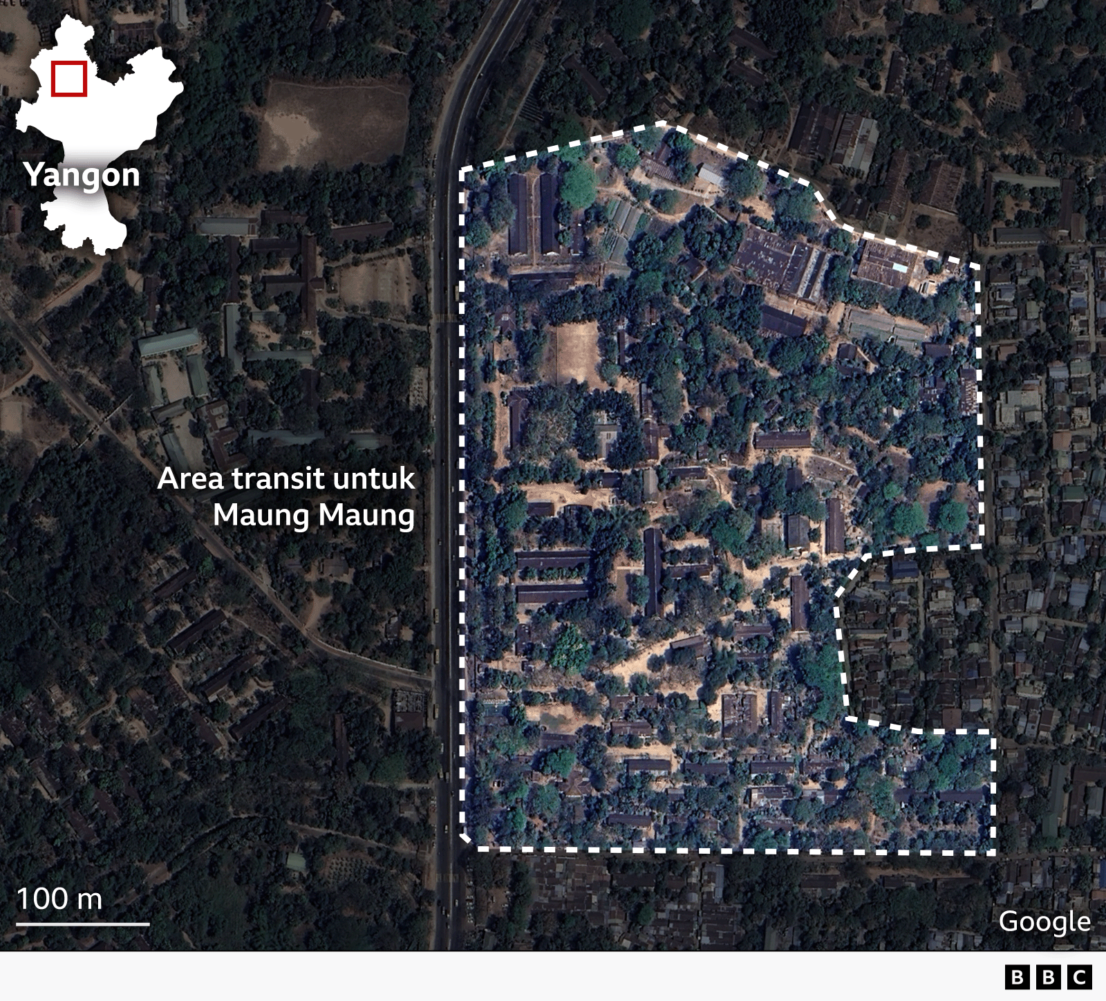 Citra satelit area penahanan Maung Maung di sebelah utara Yangon. 