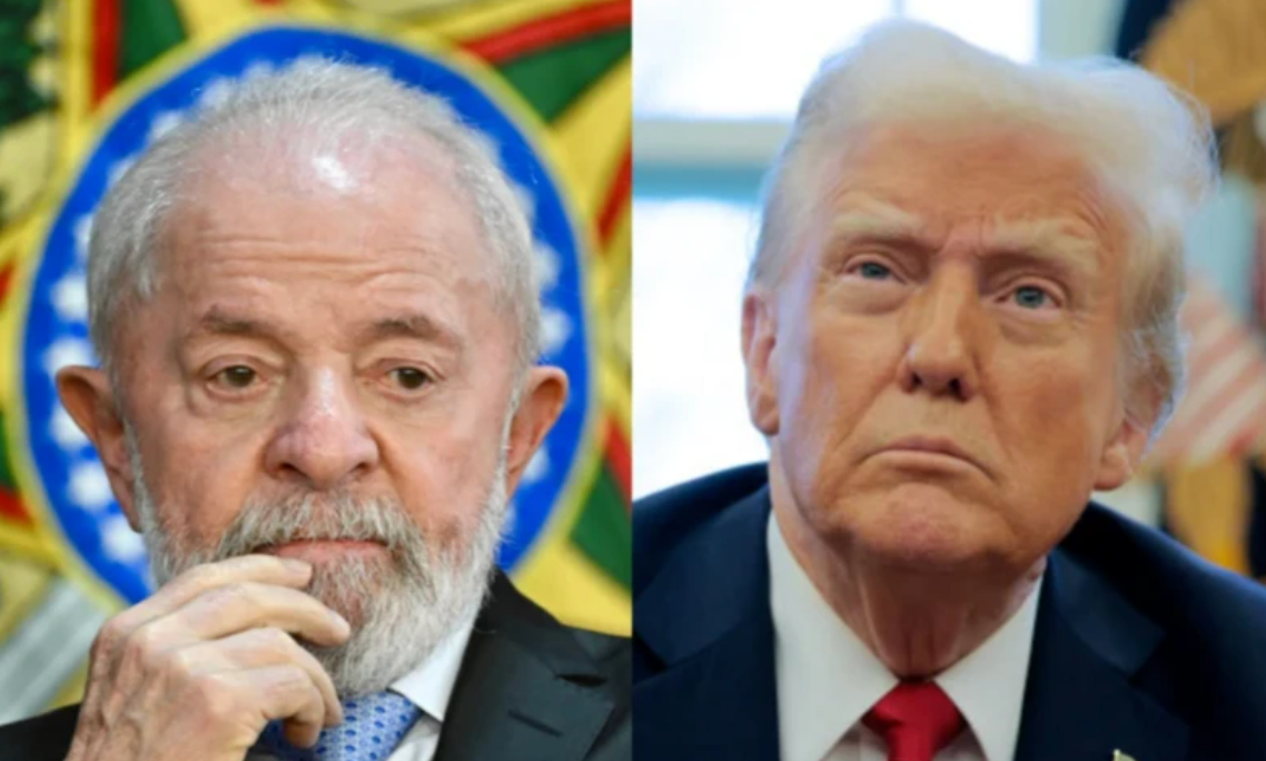 Montagem com fotos de Lula &agrave; esquerda e Donald Trump &agrave; direita