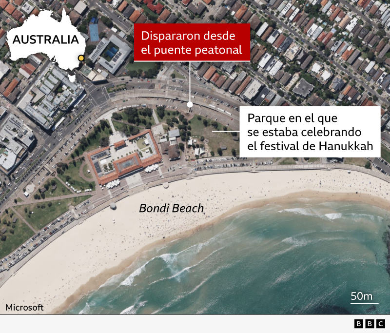 Mapa de la zona de Bondi Beach donde ocurrió el atentado.