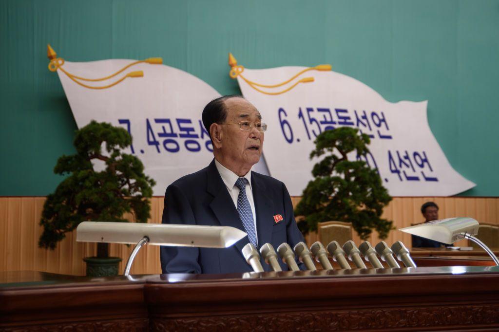 Kim Yong-nam dando un discurso