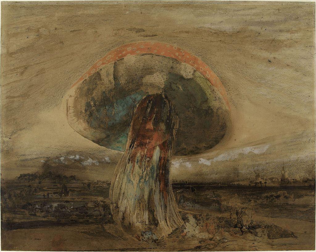 Un hongo grande en un terreno árido y con una cara pintada en el tallo. ("Hongo", 1850. Pluma, tinta marrón y aguada, carboncillo, crayón, gouache verde, rojo y blanco sobre papel, 47,4 x 60,8 cm. Maisons de Victor Hugo, París / Guernsey). 