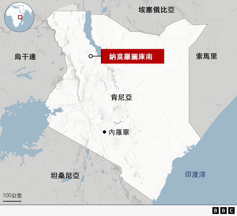 地圖（肯尼亞位於東非，其地圖顯示周邊國家包括：西邊的烏干達、南邊的坦桑尼亞、北邊的埃塞俄比亞，以及東邊的索馬里，東南沿海則臨印度洋。地圖中特別標示了位於肯尼亞西北部、接近埃塞俄比亞邊境的「納莫羅圖庫南丘」。肯尼亞首都内羅畢則位於國土中部偏南的位置。地圖左上角的小地球插圖展示了肯尼亞在非洲大陸上的地理位置。）
