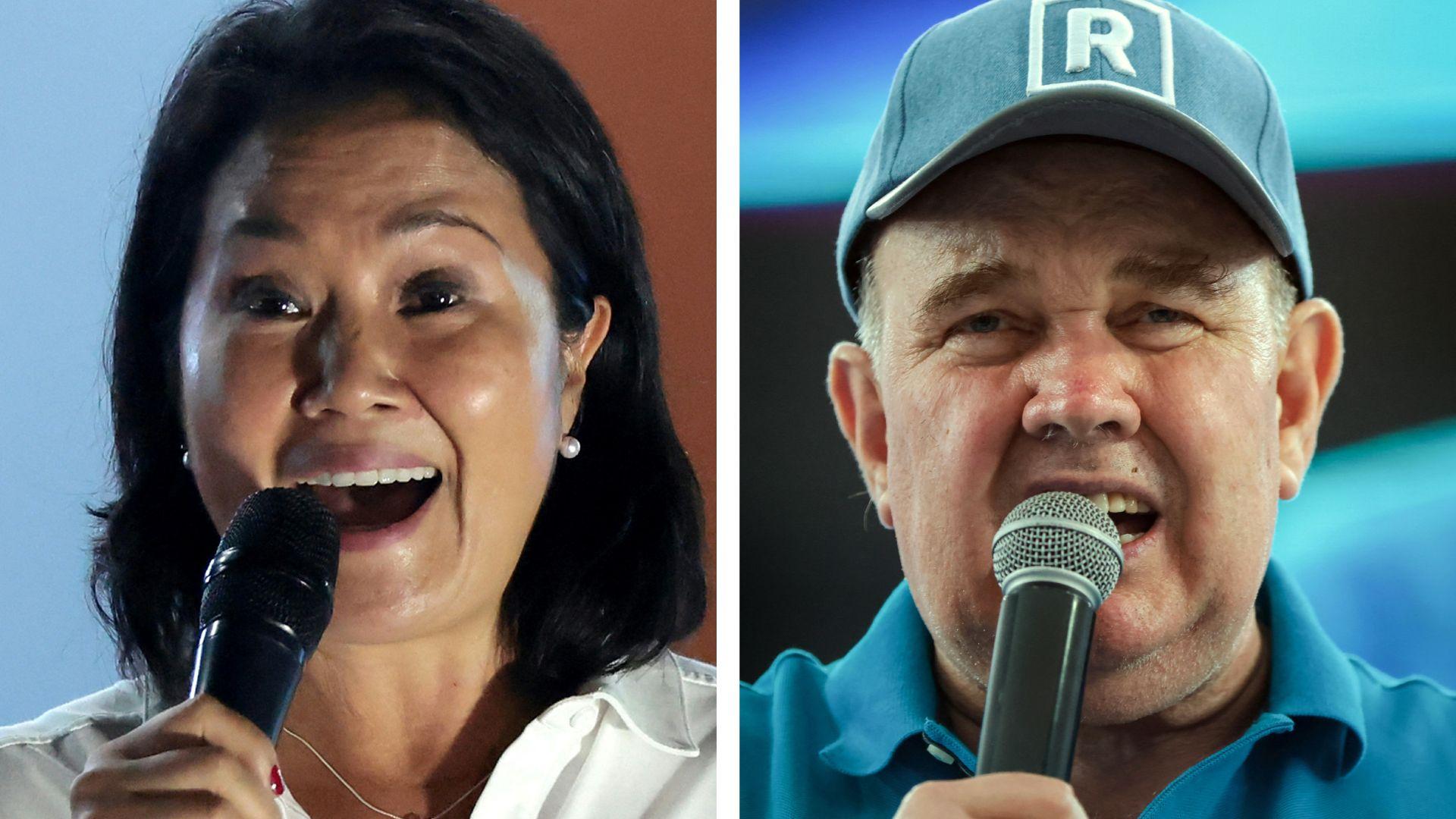 Keiko Fujimori y Rafael López Aliaga ambos hablando micrófono en mano.