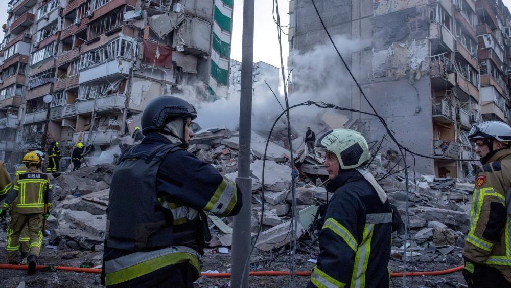 Massive Russian strikes across Ukraine leave one dead, officials say