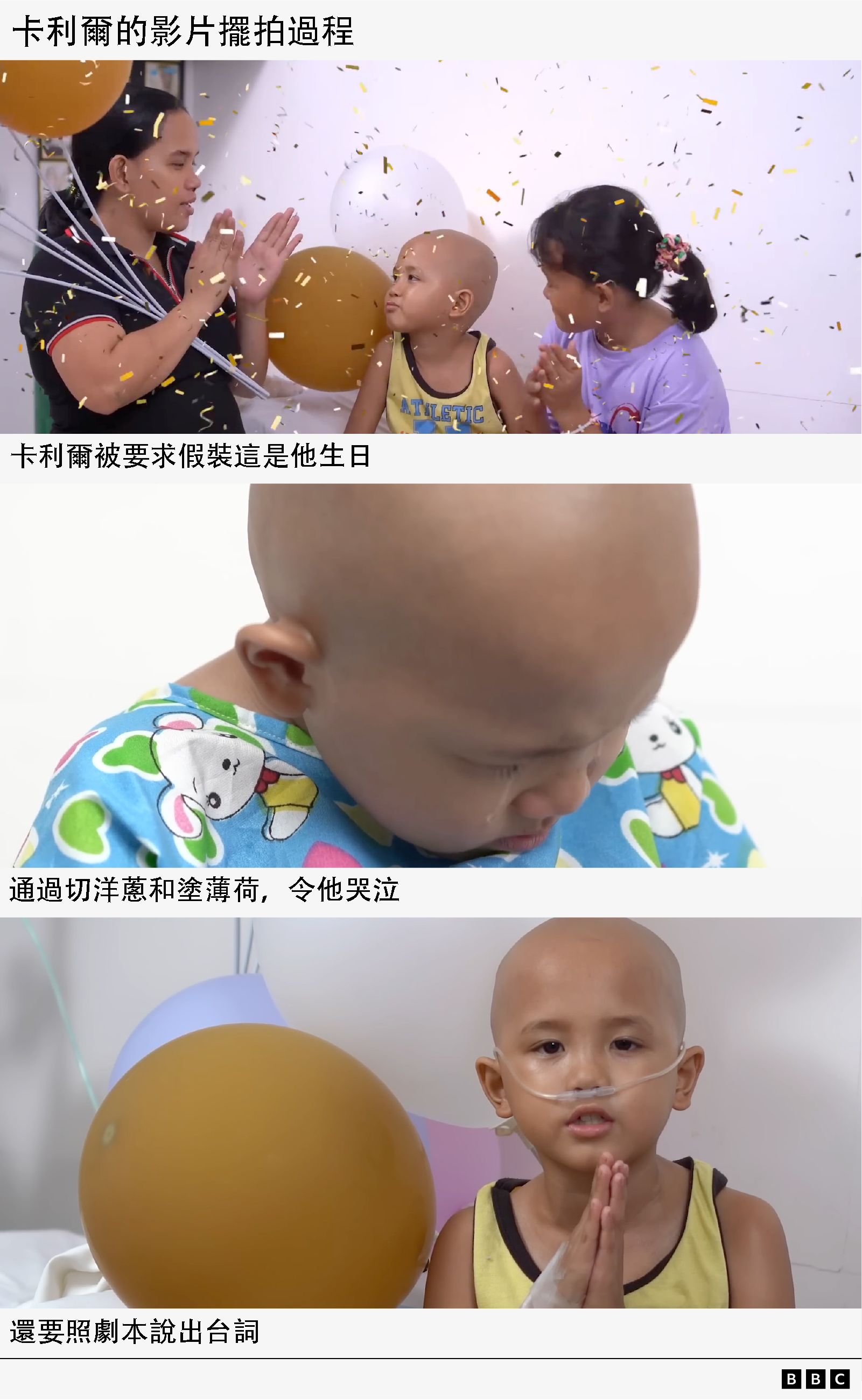 一張圖解顯示卡利爾（Khalil）的募款影片如何被刻意擺拍：1）其母親與姊妹在背景有氣球、紙帶飄落的場景中拍手，2）卡利爾哭泣的畫面，3）卡利爾戴著鼻管朗讀劇本台詞