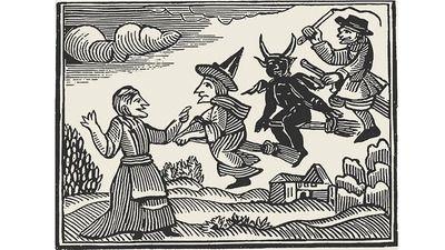 Crete žene koja stoji i muškaraca sa kupastim kapama kako lete na metlama zajedno sa đavolom.