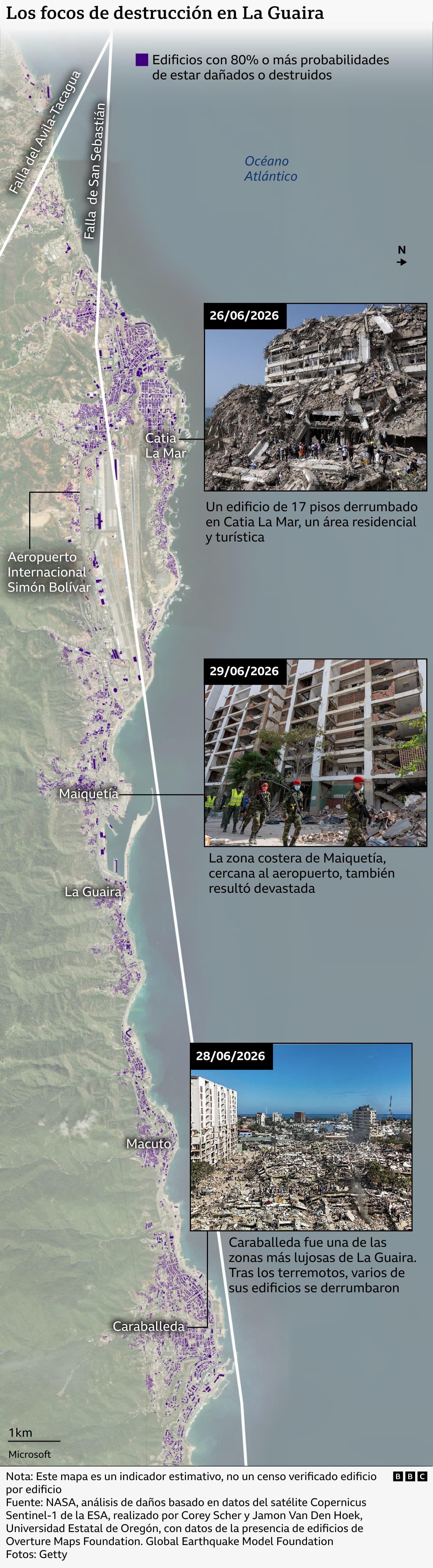 Mapa que muestra las zonas más afectadas en La Guaira, como Catia La Mar y Caraballeda