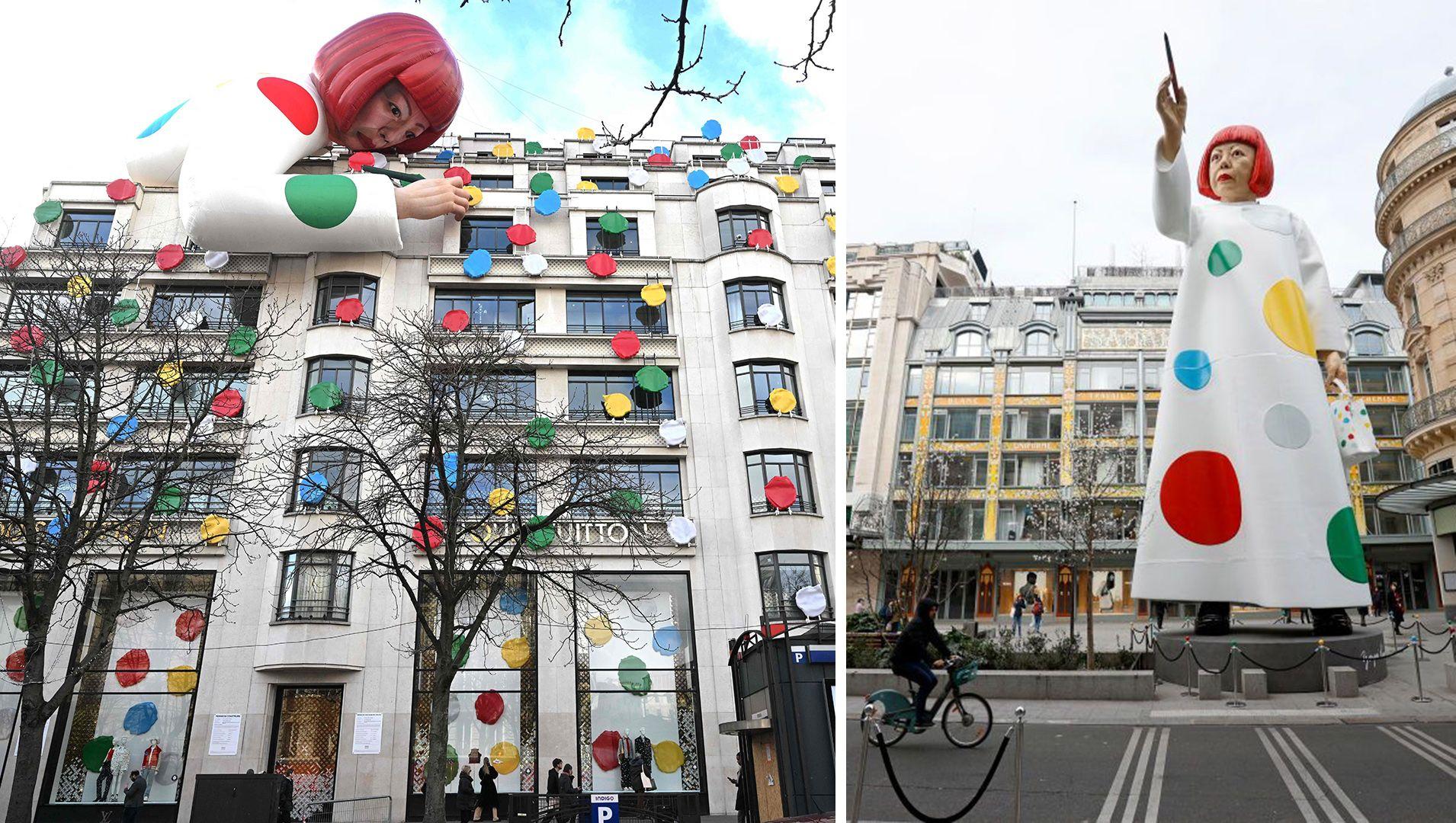 Una imagen compuesta muestra a la izquierda la escultura inclinada sobre la tienda pintando puntos que cubren la fachada del edificio, y a la derecha una representación de la enorme escultura a semejanza de Yayoi Kusama de pie entre la sede de la Maison Louis Vuitton y los grandes almacenes Samaritaine el 6 de marzo de 2023 en París, Francia.
