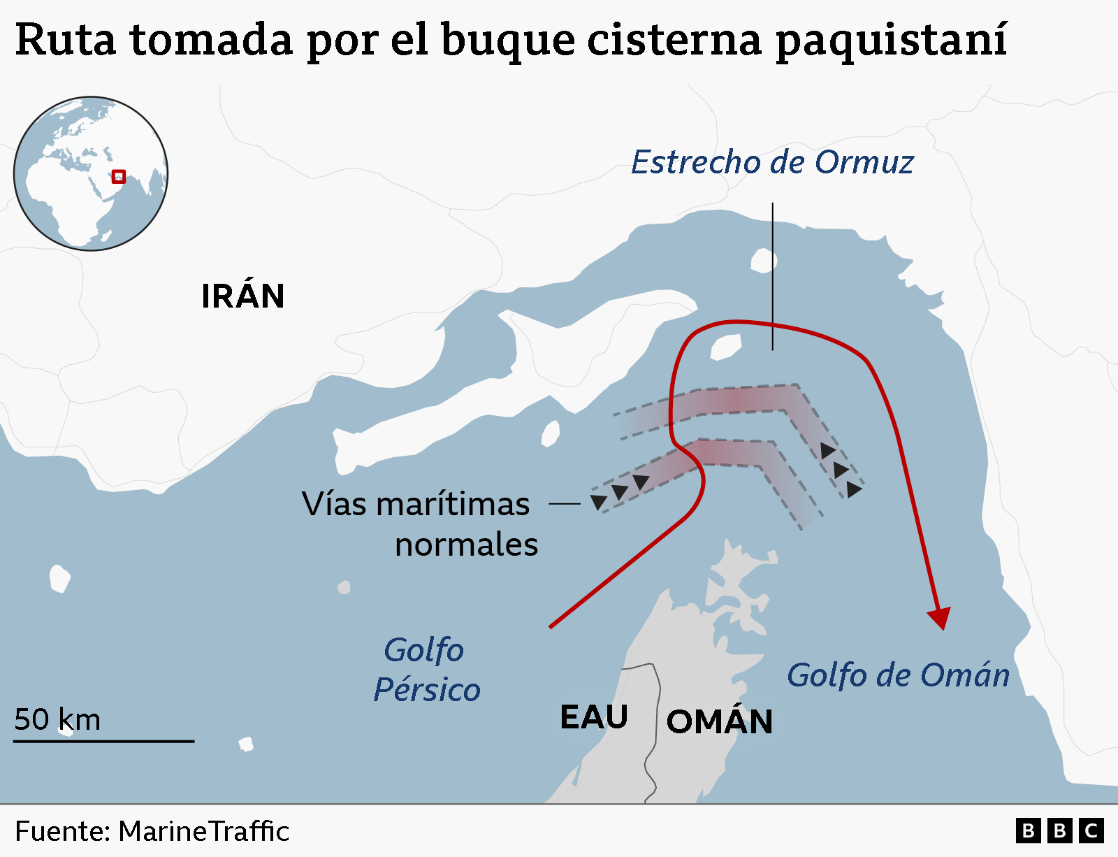 Mapa que muestra la ruta seguida por el petrolero pakistaní a través del estrecho de Ormuz.