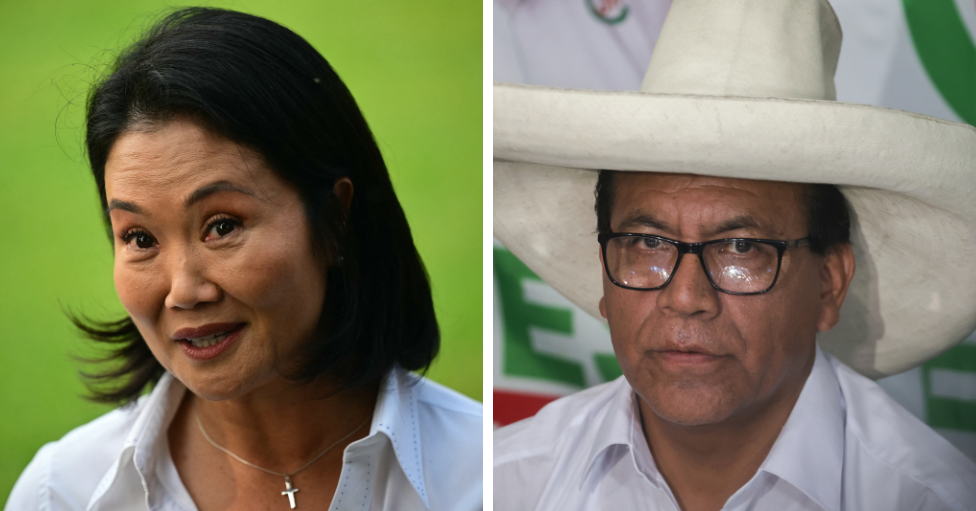 Fujimori (d) y Sánchez, en un montaje que muestra retratos de ambos. 