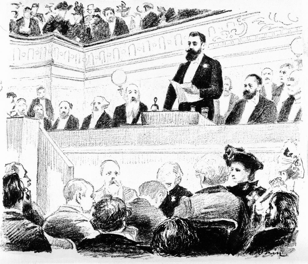Theodor Herzl discursando no segundo congresso sionista na Basileia, na Suiça, em 1898. Desenho de M.Okin