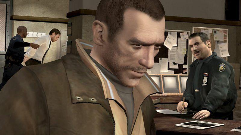 Cena do jogo Grand Theft Auto 4, passada em uma delegacia de polícia
