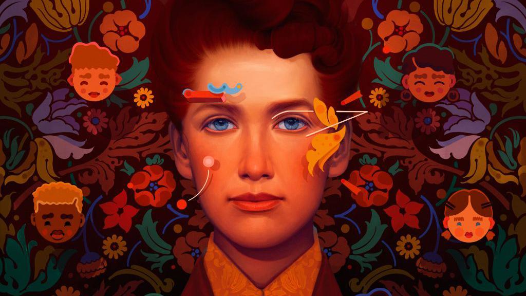 Retrato a colores de Eglantyne Jebb, con imágenes de niños superpuestas