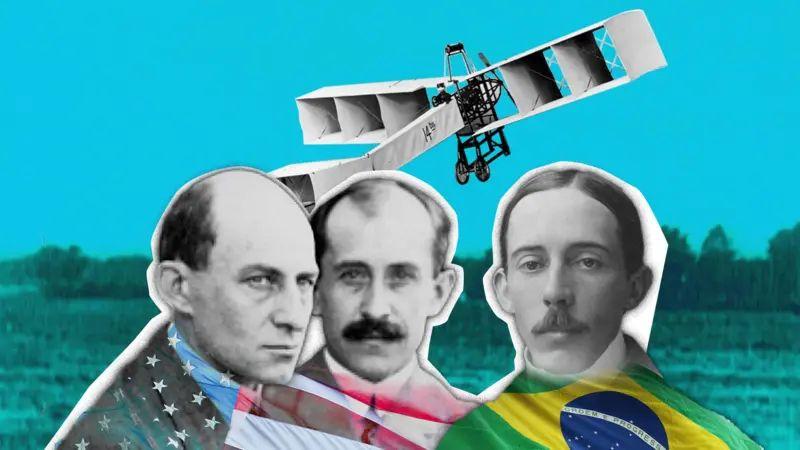 Ilustración con los hermanos Wright y Santos Dumont sobre paisaje con avión
