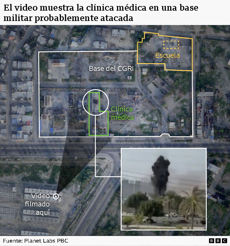 Un gráfico de BBC Verify donde hemos verificado imágenes satelitales de la base del CGRI y la escuela adyacente y resaltamos la clínica médica donde impactó el misil.