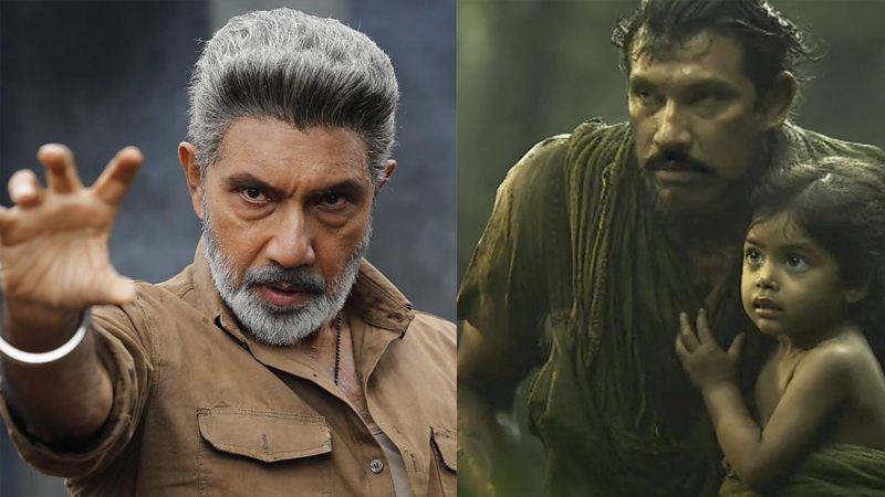 Duas imagens lado a lado do ator indiano Sathyaraj, com sua apar&ecirc;ncia real &agrave; esquerda e a vers&atilde;o rejuvenescida por IA, &agrave; direita