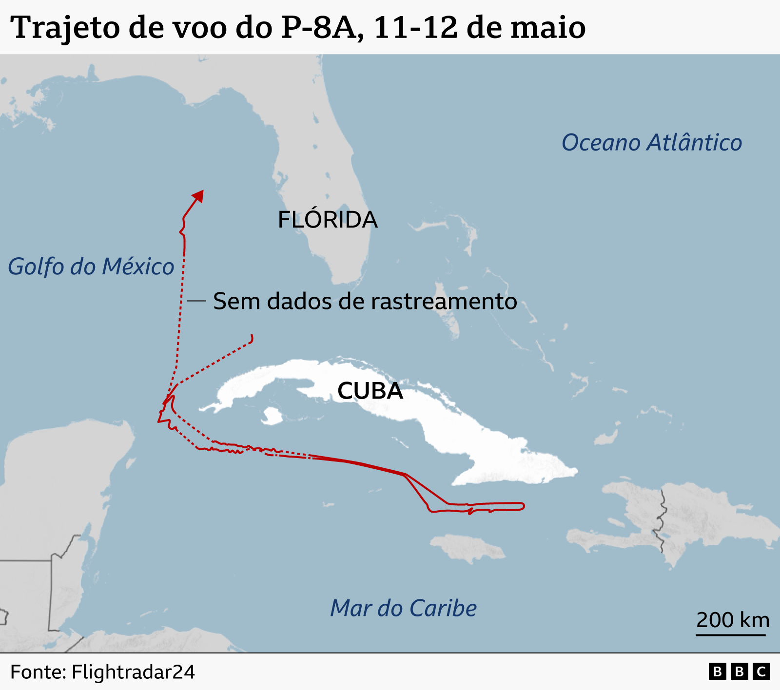 Mapa de Cuba, Flórida e áreas vizinhas, mostrando o trajeto do voo de uma aeronave P-8A Poseidon americana entre 11 e 12 de maio de 2026