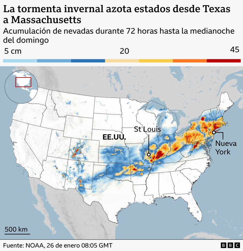 Este mapa muestra la extensión de las nevadas en Estados Unidos desde el viernes hasta el domingo 