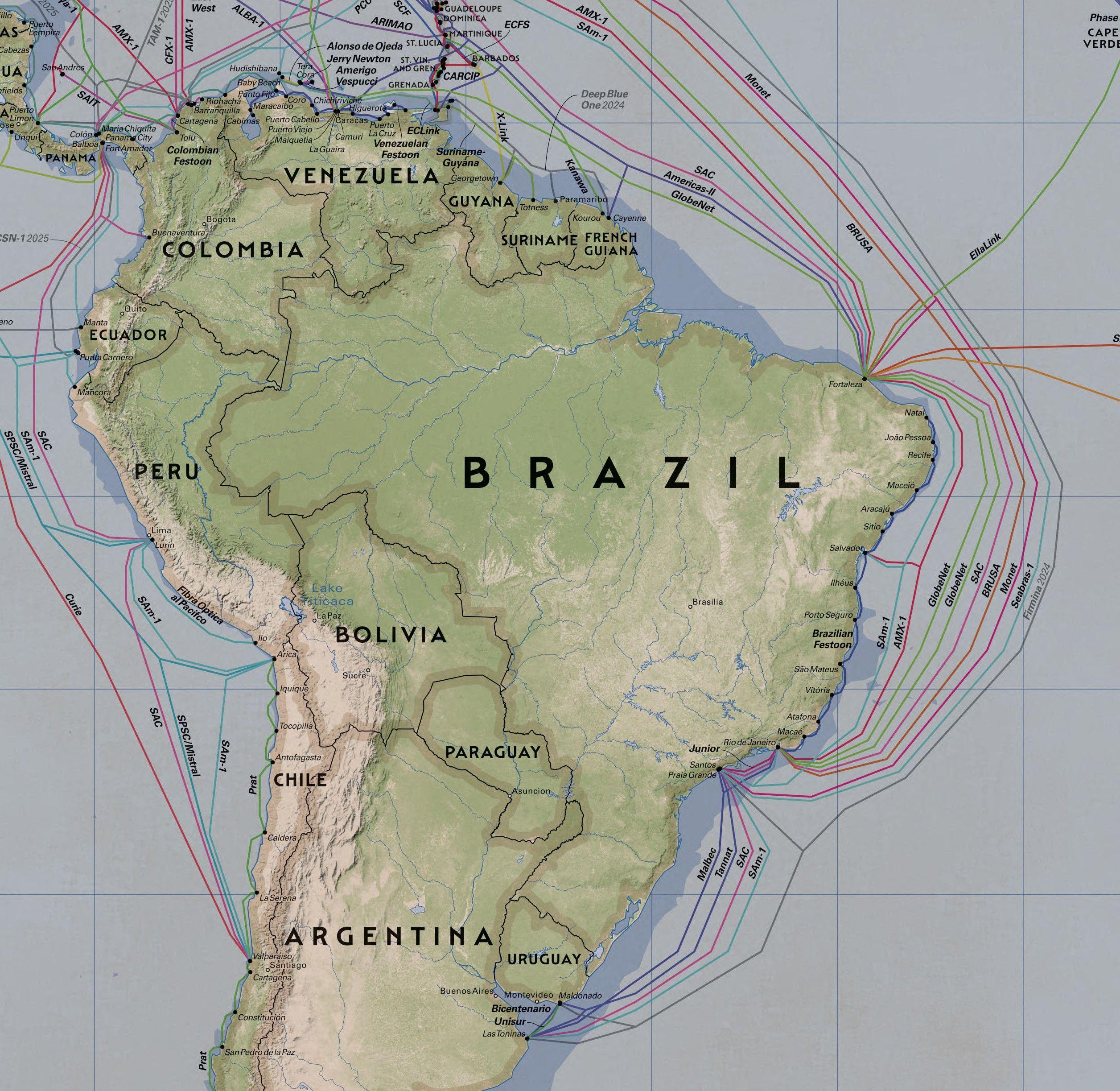 Mapa mostra cabos submarinos ancorados no Brasil