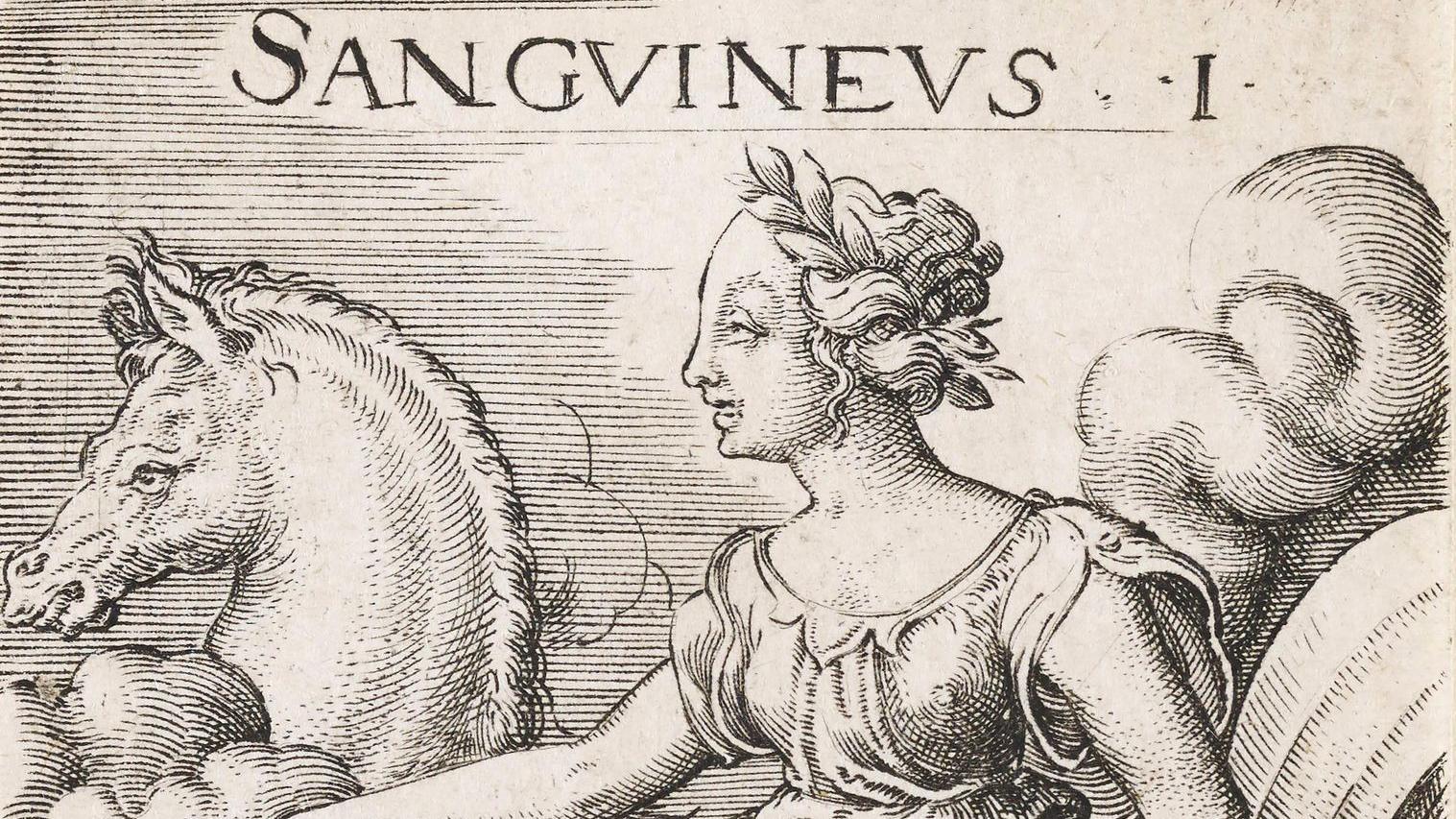 Gravura do século 18, mostrando uma mulher ao lado de um cavalo