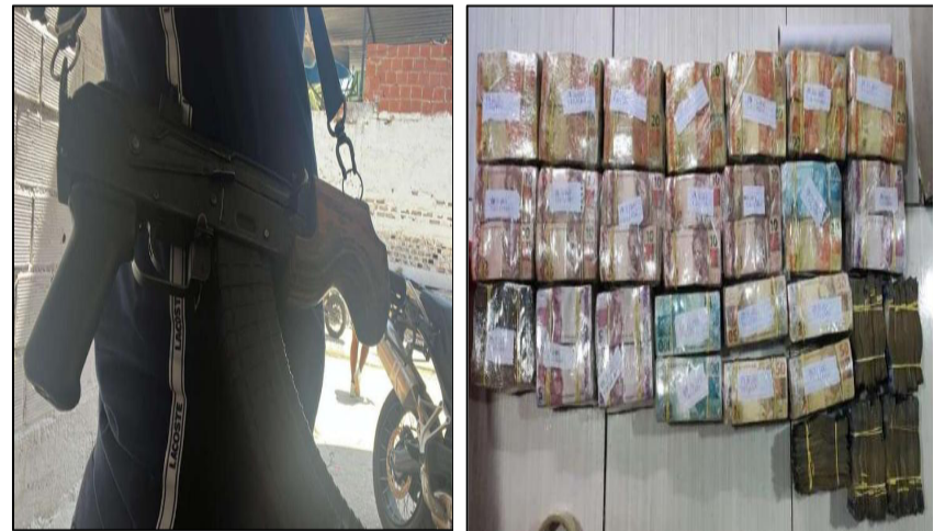 Colagem de fotos mostra homem com arma de grande porte e, em outra imagem, montes de dinheiro