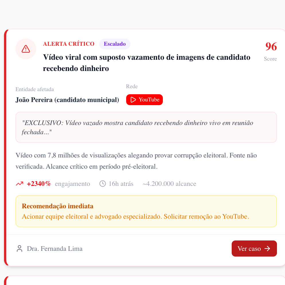 Plataforma busca poss&iacute;veis crimes eleitorais de advers&aacute;rios e sugere texto para den&uacute;ncia ao TSE e plataformas (caso fict&iacute;cio para teste)
