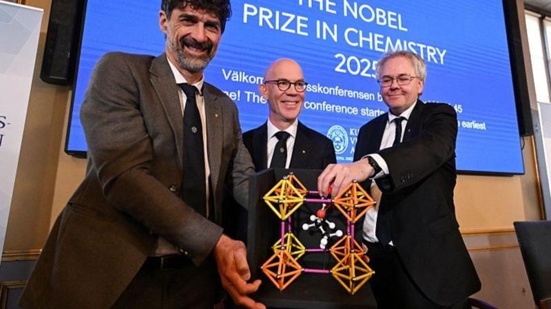 Membros do Comitê do Nobel seguram um modelo de uma estrutura metal-orgânica