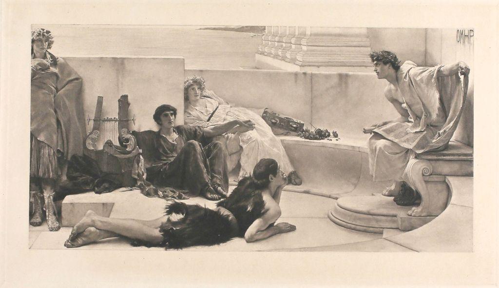 Lámina en tonos sepia con quien se supone es Homero a la derecha, un joven vistiendo una toga que deja ver uno de sus hombros y con una corona de laurel en sus sienes, sentado en una banqueta circular de mármol mientras una chica recostada en una esquina de la misma banqueta, un chico sentado tomándole la mano, otro acostado sobre su estómago y una joven de pie lo escuchan.  