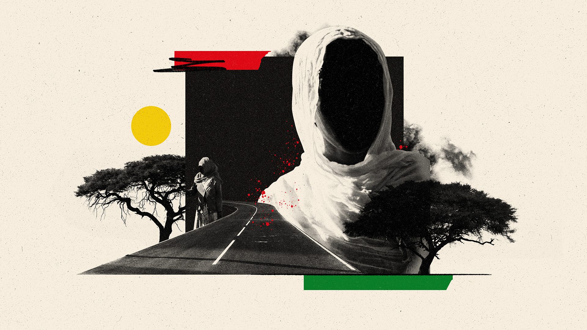 A designed image showing a woman, whose face is in silhouette, dressed in a white scarf which covers her head and shoulders. Beneath her is a winding road and some trees and the smaller image of another woman in similar dress.