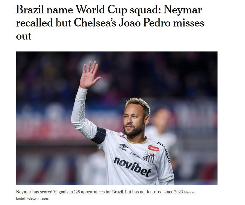 Reportagem do The New York Times destacando a convoca&ccedil;&atilde;o de Neymar mas a aus&ecirc;ncia de Jo&atilde;o Pedro