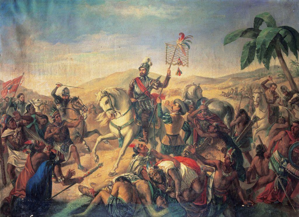 Una pintura de Hernán Cortés liderando una batalla en México