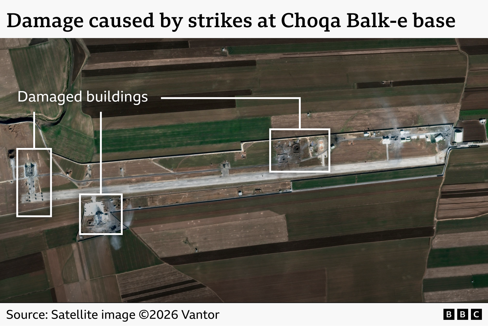 An image showing damaged buildings at Choqa Balk-e base. Three such buildings are highlighted. 