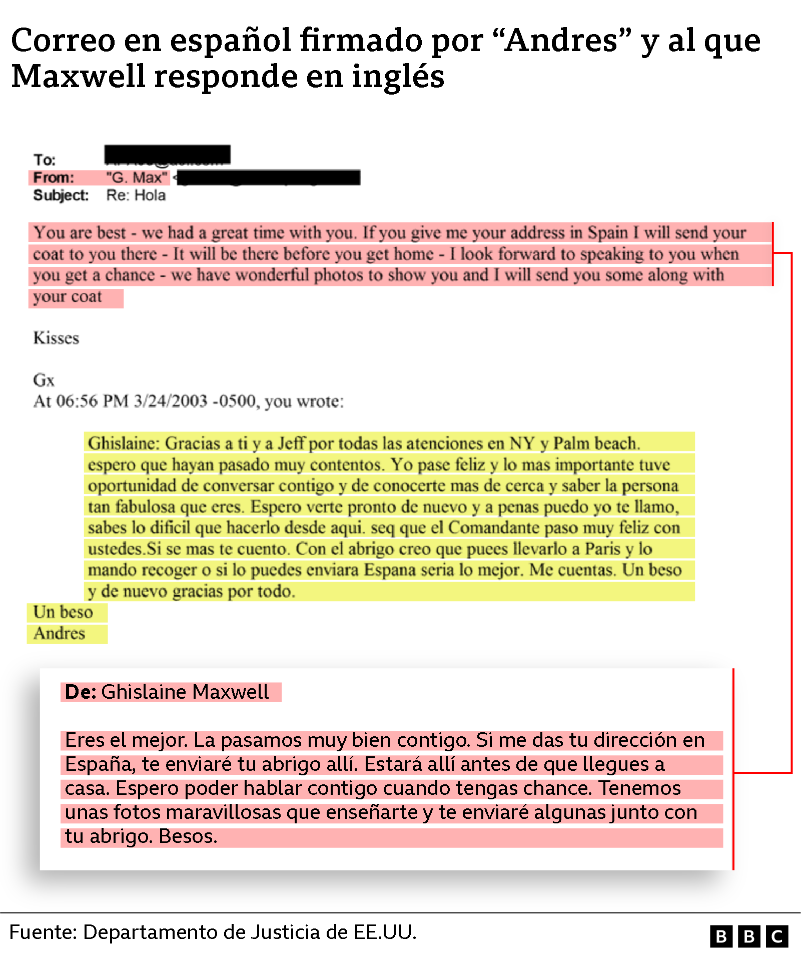 Correo en español firmado por "Andrés" y al que Maxwell responde en inglés
