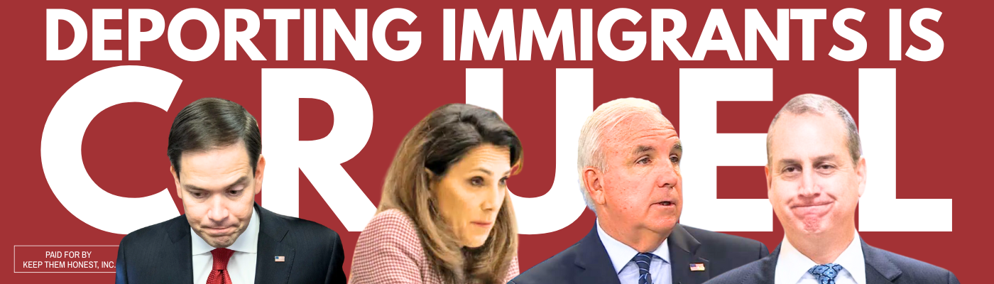 "Deportar inmigrantes es cruel", proclama un cartel en el que aparecen, de izquierda a derecha, Marco Rubio, María Elvira Salazar, Carlos Giménez y Mario Díaz-Balart.