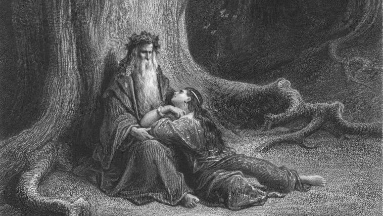 Merlin en un arbol con una mujer