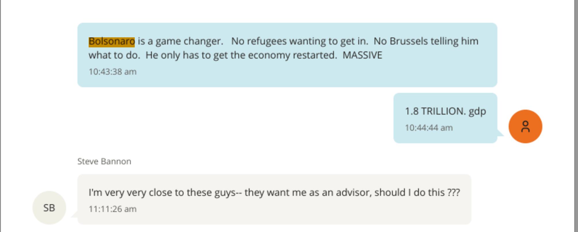 Mensagem de texto atribuída a Jeffrey Epstein e Steve Bannon