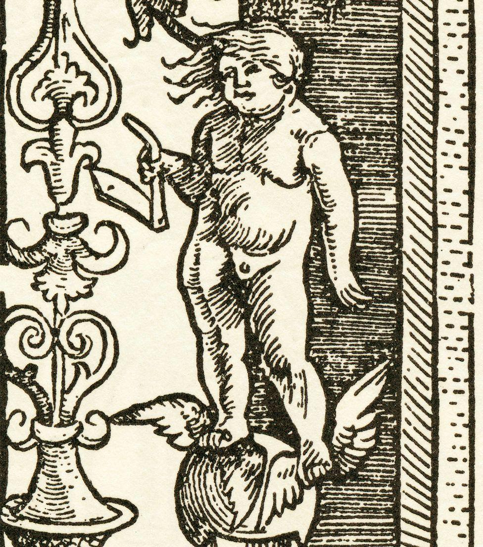 Kairós en la portada de "Humanitas", obra de Urs Graf, 1513. Grabado que lo muestra sobre un globo, con alas en los pies, sujetando una navaja, con el pelo volando hacia adelante y desnudo. 