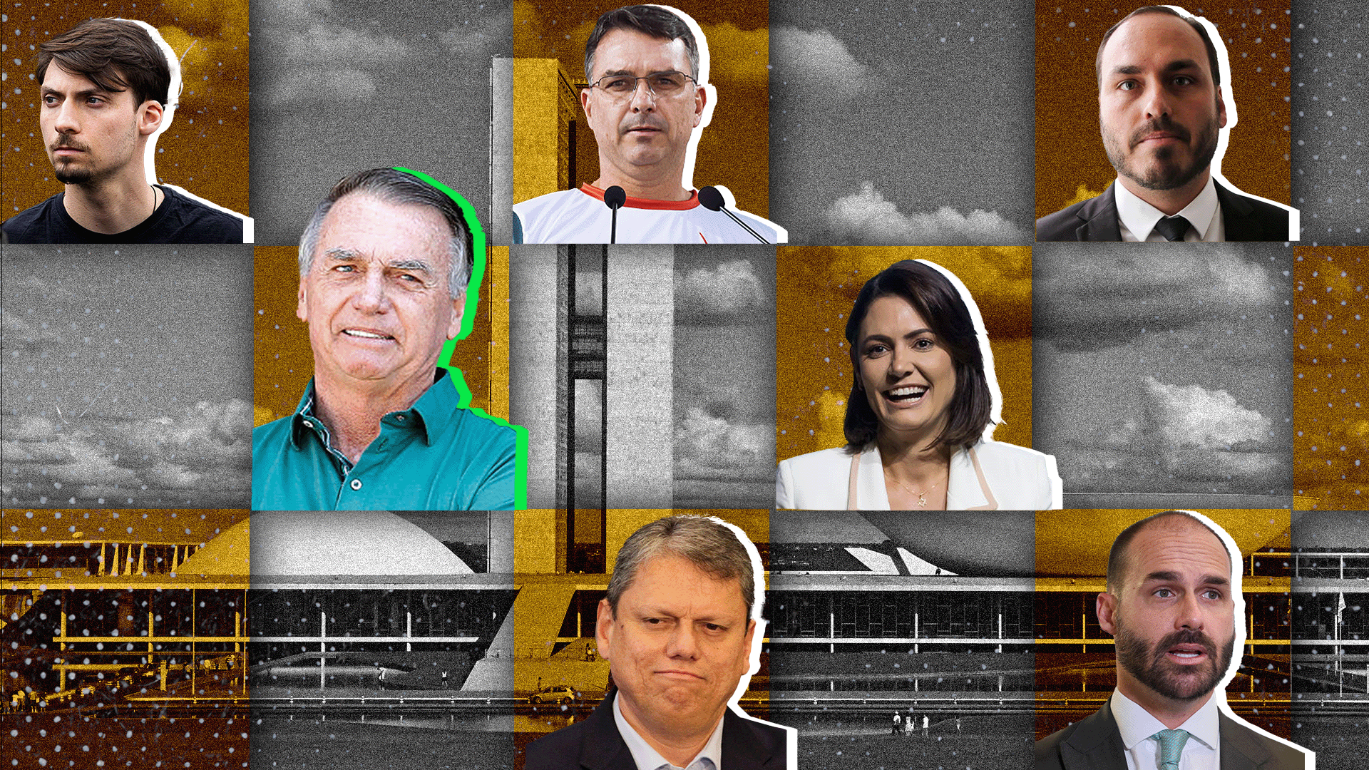 Colagem de fotos com o Congresso Nacional no fundo e fotos de Michelle, Jair, Flavio, Eduardo, Tarcísio, Jair Renan e Carlos Bolsonaro.