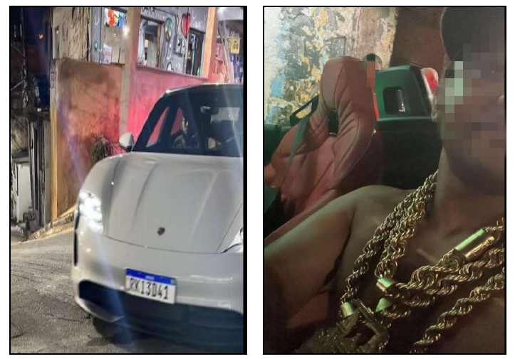 Colagem de fotos mostra um Porsche em rua de favela e homem fazendo selfie com grande colar de ouro, aparentemente