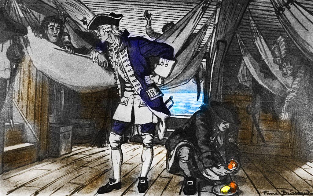 Ilustración de Lind tratando marineros en un barco con naranjas y limones