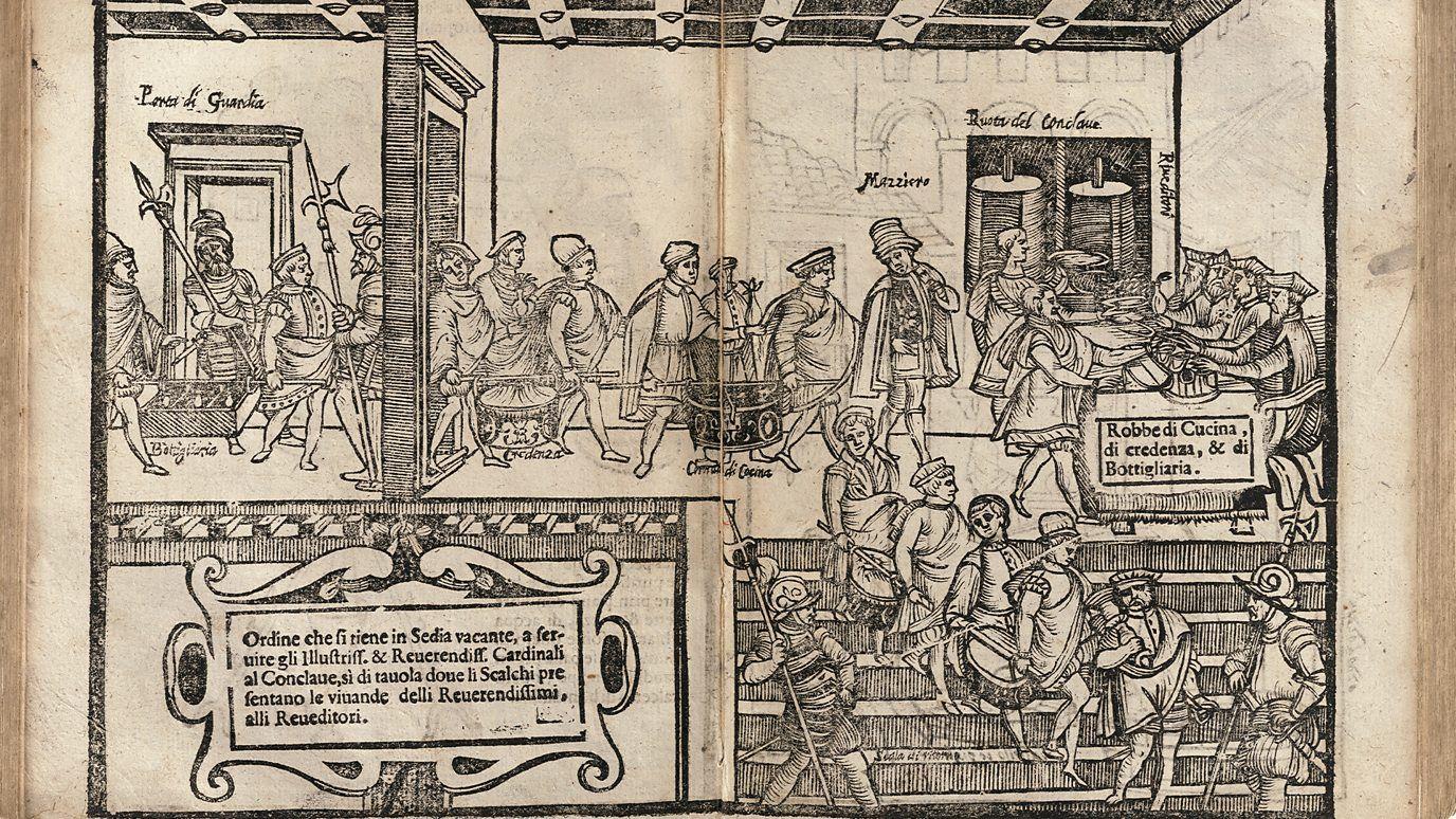 صورة من عام 1605 تصور موكب المضيفين والحراس والمختبرين وهم يقدمون الطعام إلى أعضاء المجلس المنعزل عبر "الروتا"