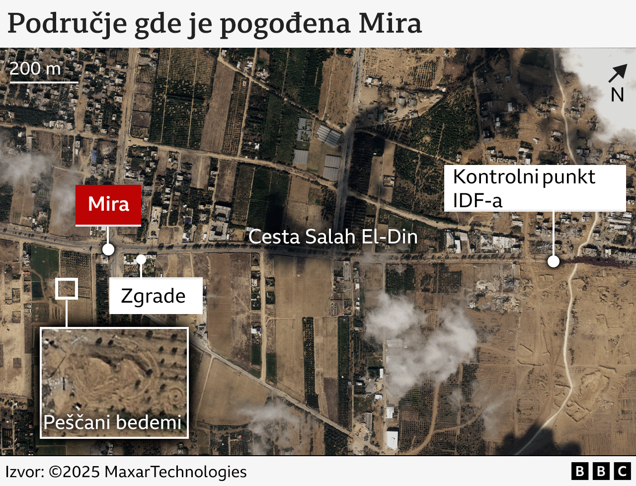 Satelitski snimak prikazuje mesto gde je Mira pogođena na raskrsnici sa leve strane slike i izraelski kontrolni punkt, oko 1 km duž puta Salah al-Din, sa desne strane slike. Blizu raskrsnice, peščane barijere su označene i prikazane u uvećanom umetku, a zgrade su takođe označene.