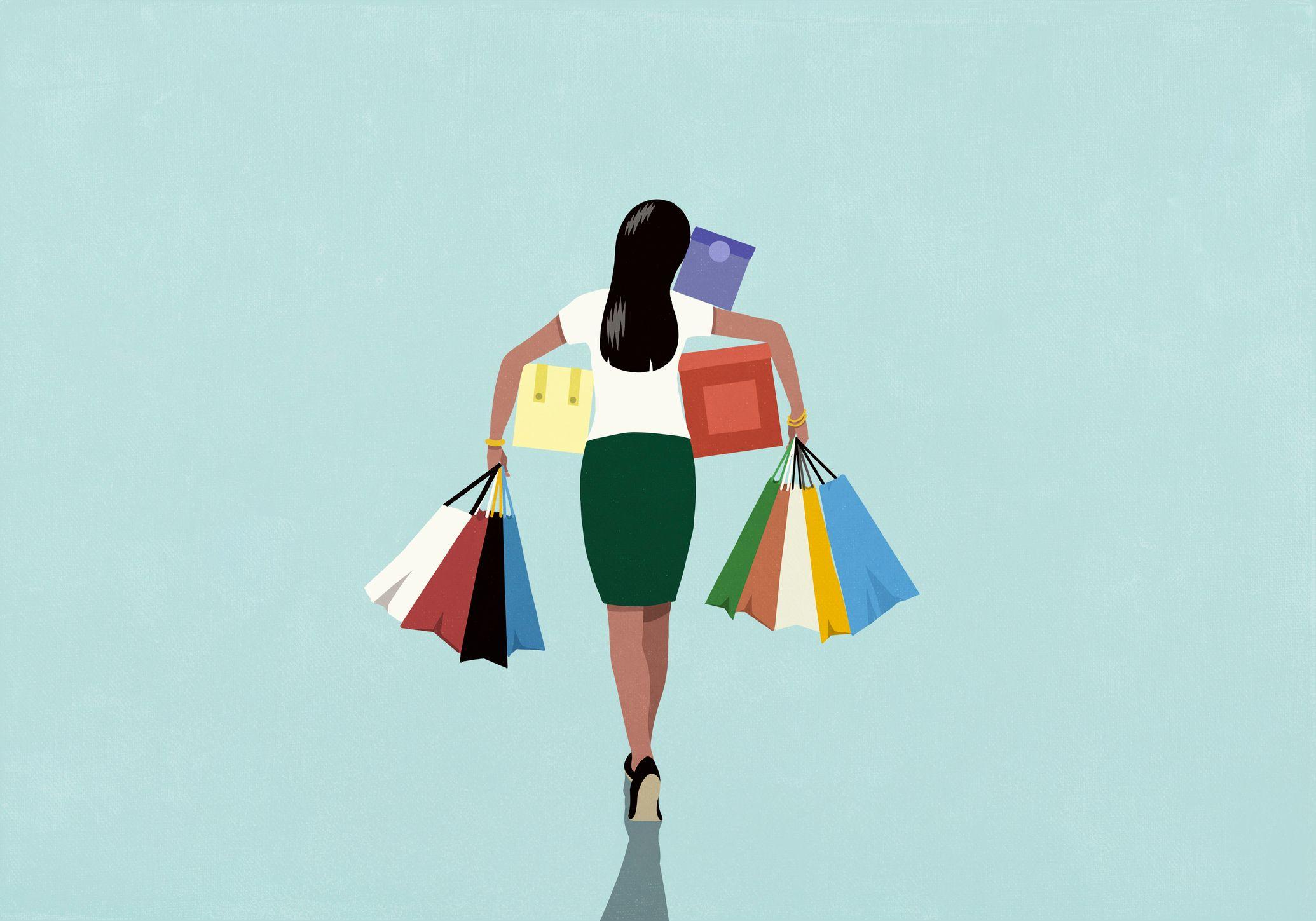 رسم كرتوني يظهر امرأة من الخلف ترتدي قميصاً ضيقاً قصير الأكمام أبيض اللون، وتنورة قصيرة خضراء وحذاء أسود اللون. شعرها أسود وسمراء اللون، تحمل مجموعة من الصناديق والحقائب بعد جولة تسوق.