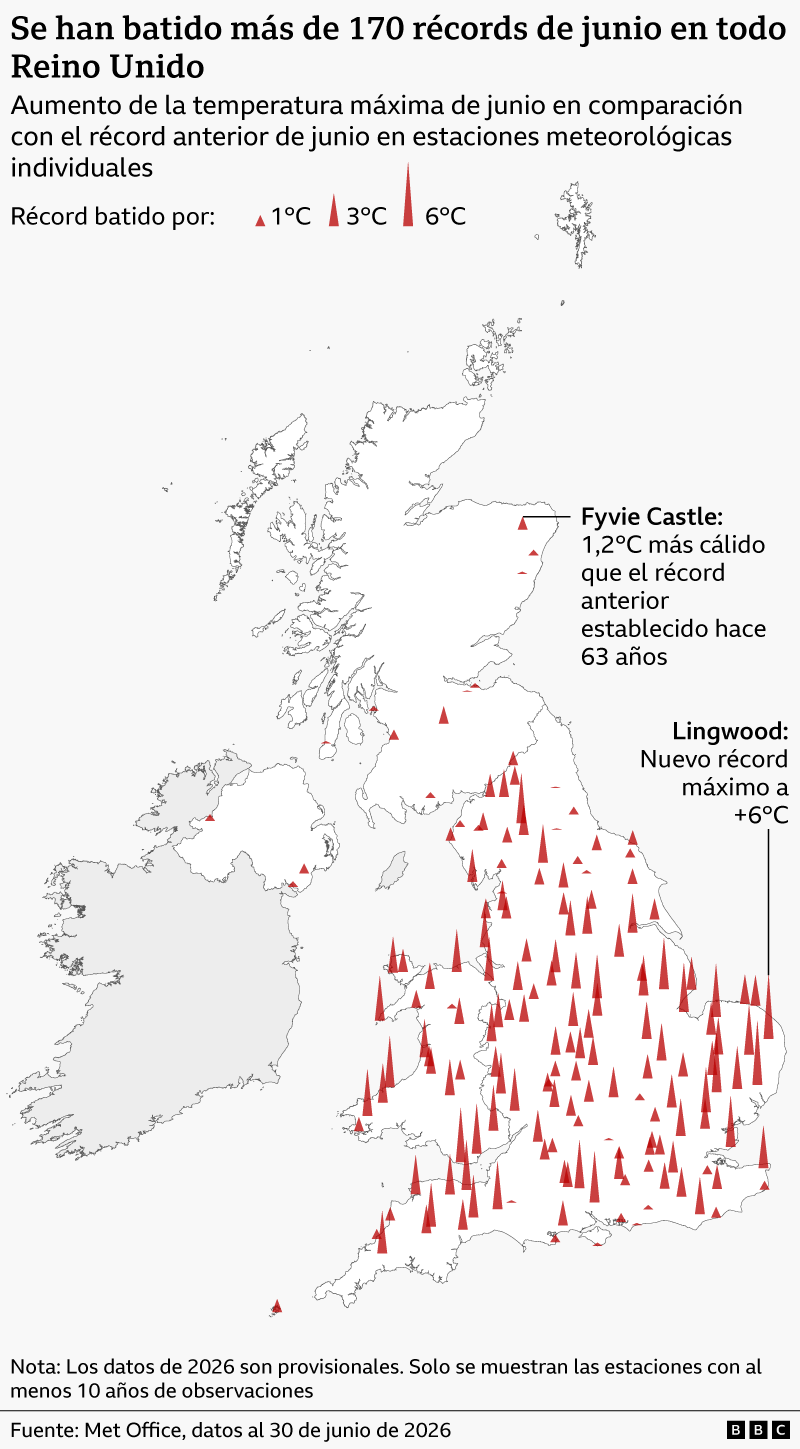 Mapa de Reino Unido que muestra todos los récords de temperatura que se han roto en distintas localidades del país, de norte a sur.
