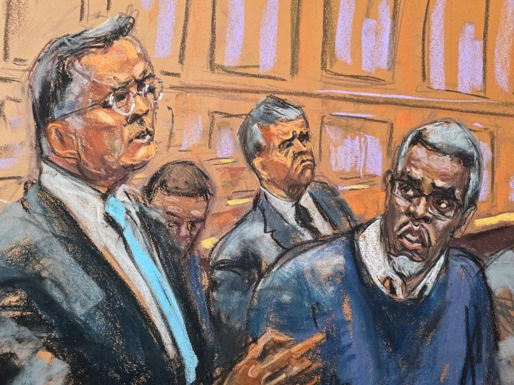 Un dibujo ilustrativo de Combs y su abogado en el juicio