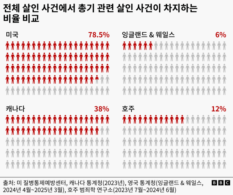 전체 살인 사건에서 총기 관련 살인 사건이 차지하는 비율 비교
