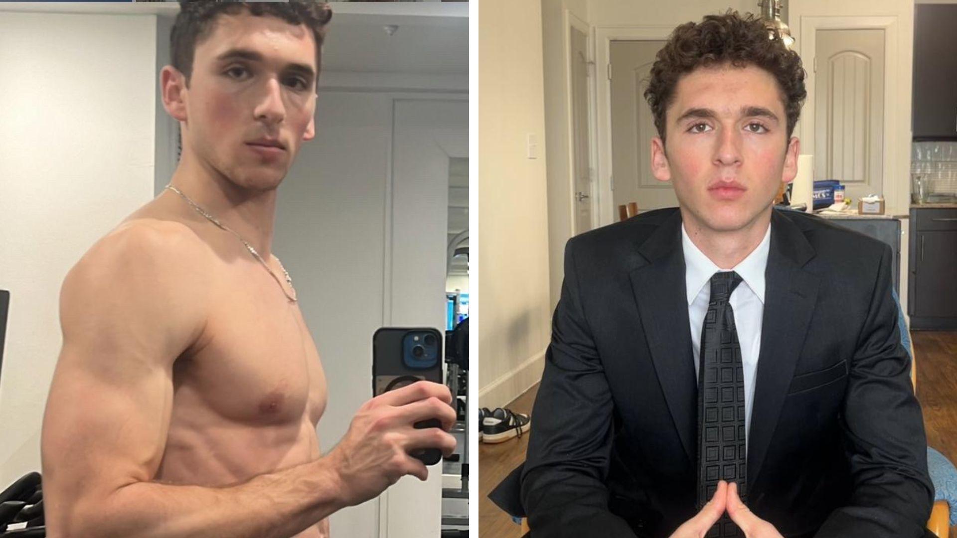 Fotos de Steven Ableman: &agrave; esquerda, sem camisa, e &agrave; direita, de terno e gravata